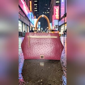 Dooney & Bourke Burgundy Ostrich Zip Satchel With Tan Handles
